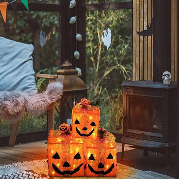NEW! Pumpkin Gift Boxes Decorative Lights, Set of 3 Battery Operated - Picture 6 of 7